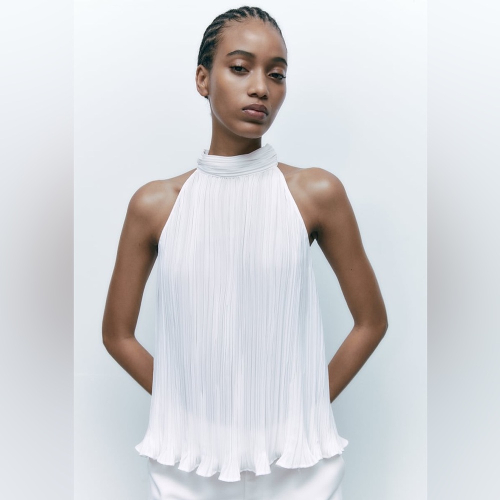 ZARA Pleated White Halter Top